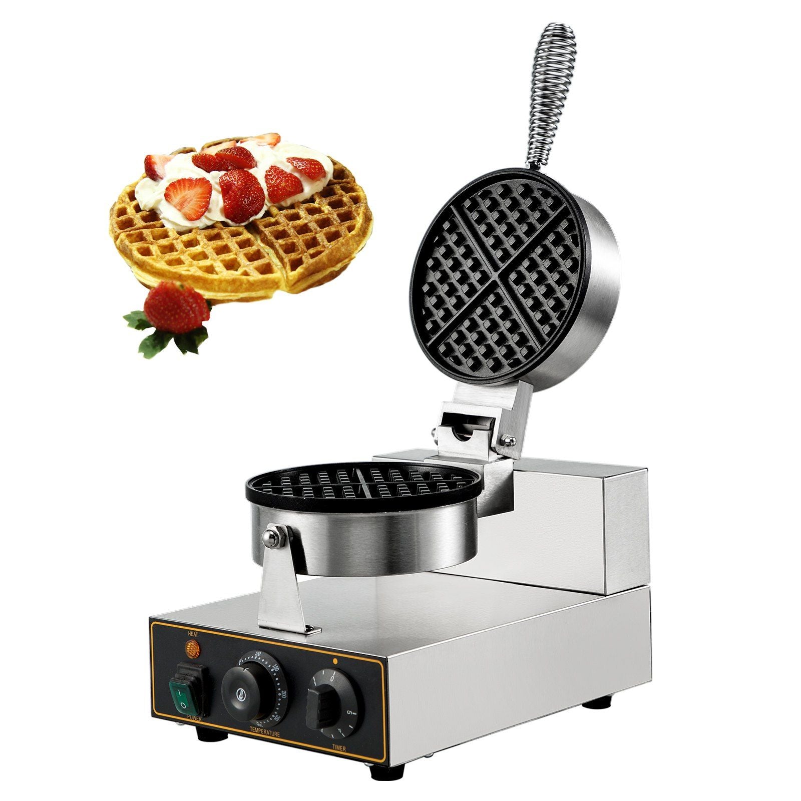 Vevor Commercial Round Waffle Maker Nonstick 1100W Stainless Steel 110V Temperature And Time Control, Suitable For Restaurant Ba