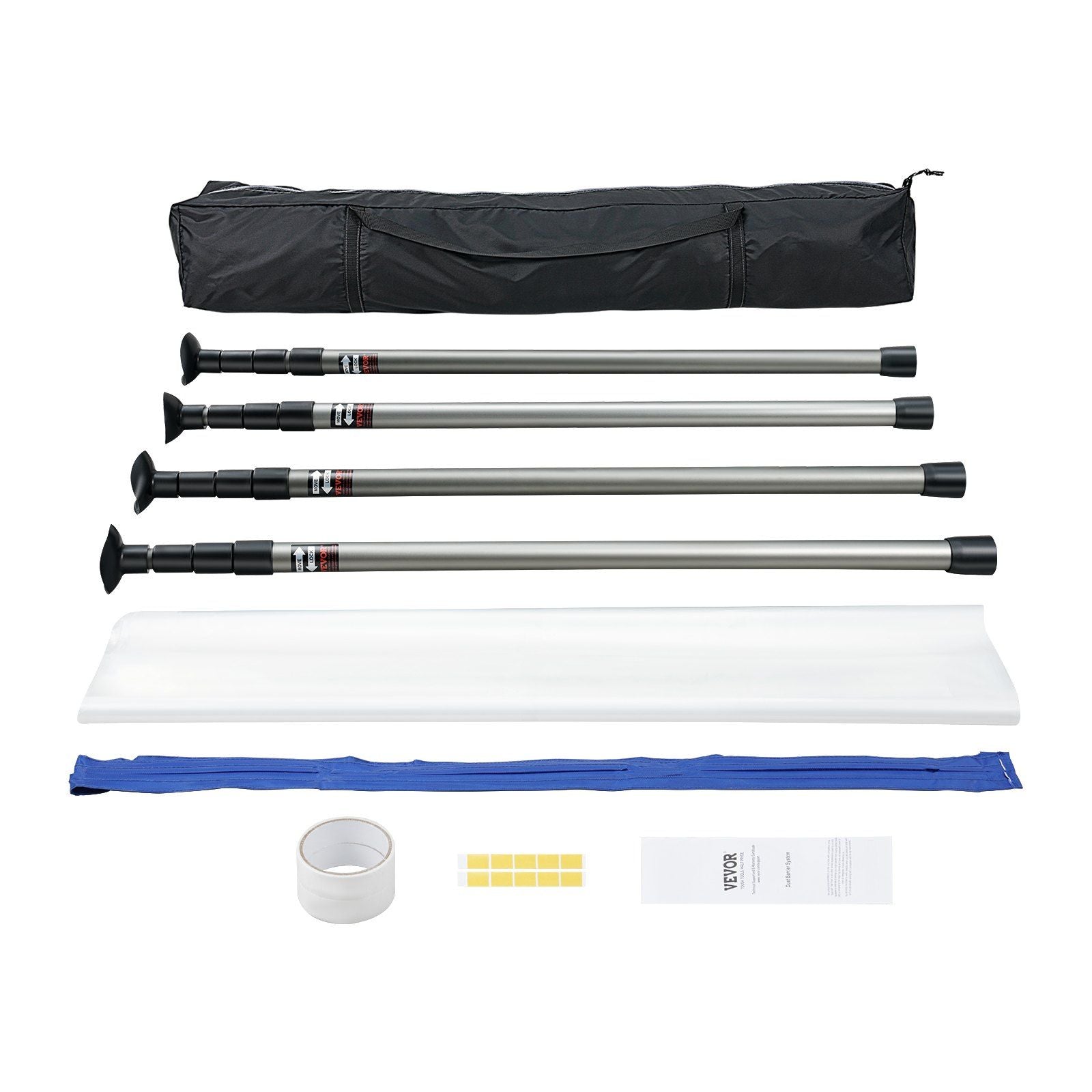 VEVOR Dust Barrier Poles, 12 Ft Barrier Poles, Dust Barrier System with 4 Telescoping Poles, Carry Bag and 32.8x13.12 Ft Plastic