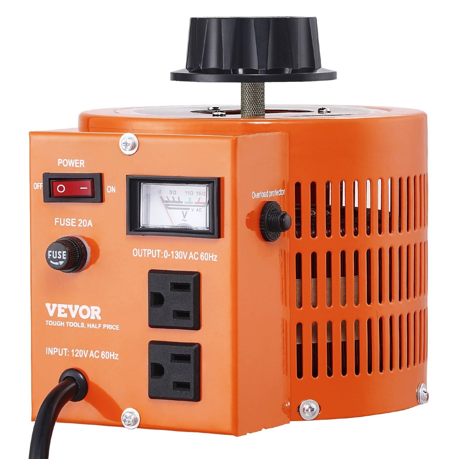 VEVOR 2000VA Auto Variable Voltage Transformer, 15.3 Amp, 110V Input 0-130V Output AC Voltage Regulator Power Supply, with 4 Ext