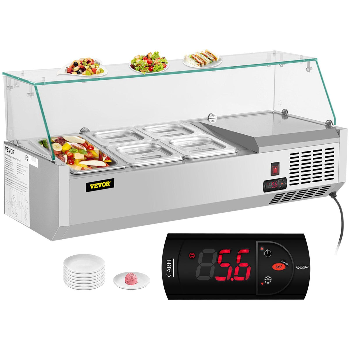 Vevor Refrigerated Condiment Prep Station, 40 Inch, 7.8Qt Sandwich Prep Table W/ 1 1/3 Pan & 4 1/6 Pans, 150W Salad Bar W/ 304 S
