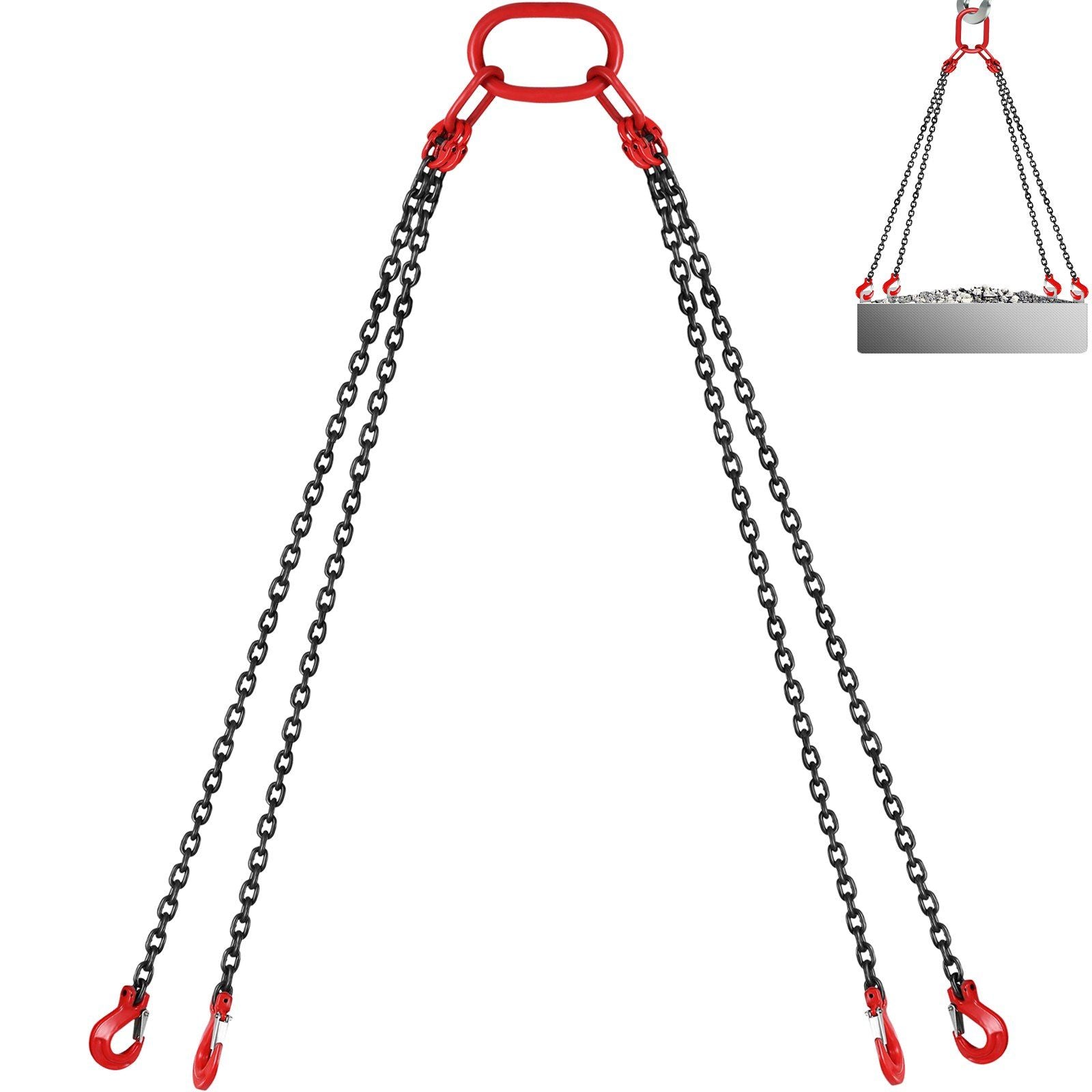 VEVOR 10FT Chain Sling 5/16 Inch X 10 FT Engine Lift Chain G80 Alloy Steel Engine Chain Hoist Lifts 3 Ton with 4 Leg Grab Hooks 