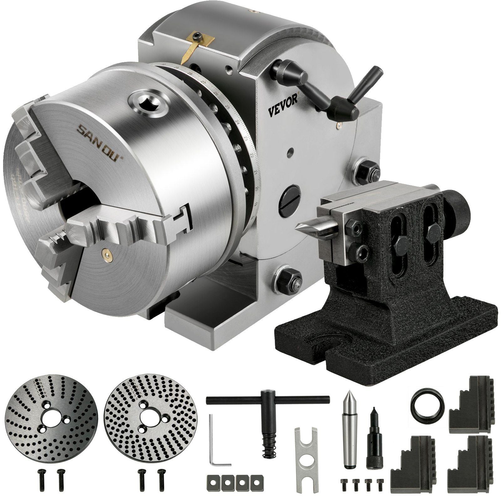 VEVOR Dividing Head BS-1 Dividing Head Set 6 3-jaw Chuck Semi Universal Milling Set with 6 Chuck+Tailstock+Dividing Plates for M