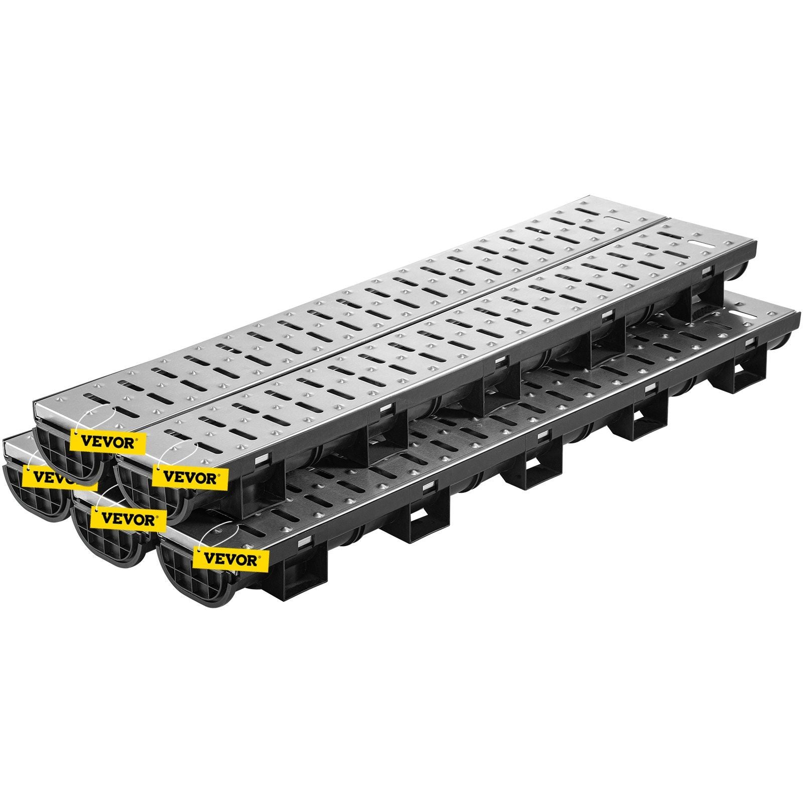 VEVOR Trench Drain System, Channel Drain with Metal Grate, 5.7x3.1-Inch HDPE Drainage Trench, Black Plastic Garage Floor Drain, 