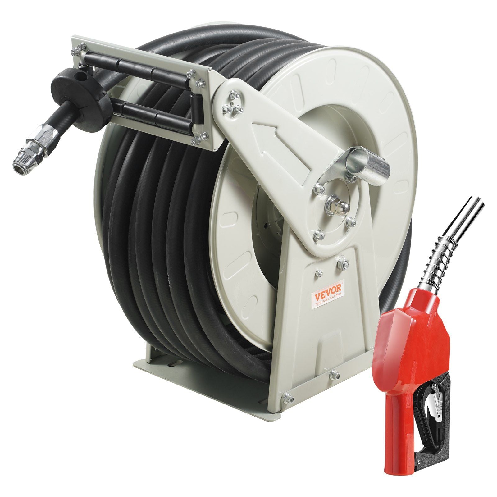 Fuel Hose Reel, 1 x 50, Extra Long Retractable Diesel Hose Reel, Heavy-Duty Carbon Steel Construction with Automatic Fuel Nozzl