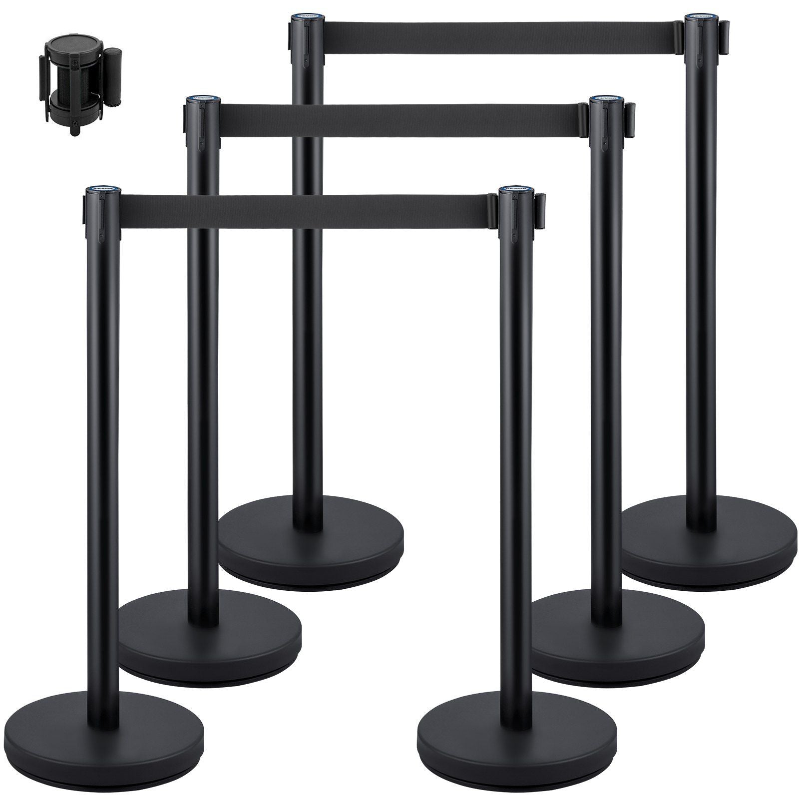 VEVOR Crowd Control Stanchions, 6-Pack Solid Base Crowd Control Barriers with 3PCS 6.6FT Black Retractable Belts, Black Stanchio