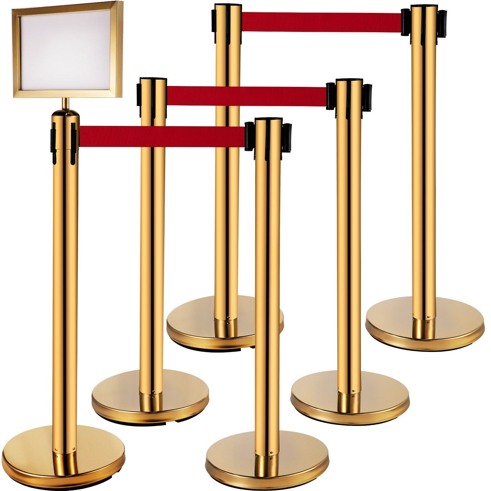VEVOR Stanchion Post Barriers 4-Set Line Dividers, Stainless Steel Stanchions with 6.6 Red Retractable Belts, Stanchions with On