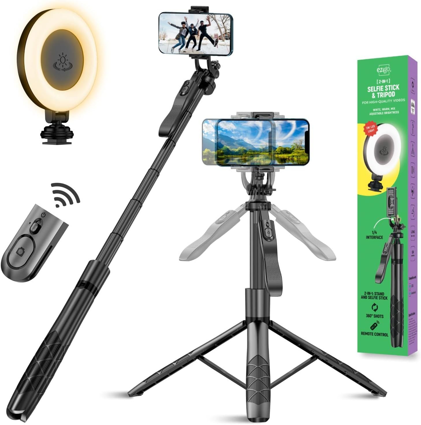 Phone Tripod 62'' Selfie Stick For Iphone With Remote And 3W Led Light, Universal Mount, Phone Stand For Recording & Streaming,