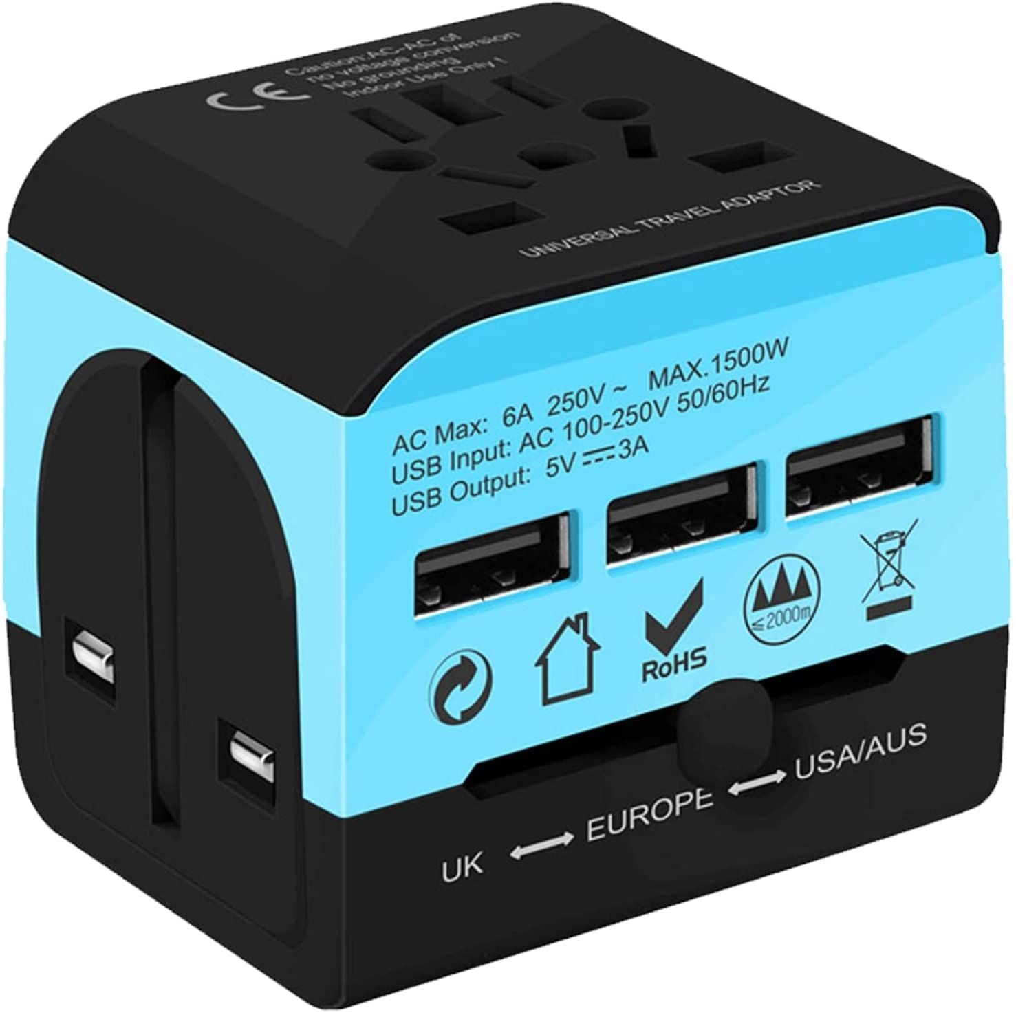 Charger Universal Adapter Multi Outlet Port 3 USB Phone Power All in One Multi Cable Multiple Phone Charge Wall Plug (Blue) 5 Co
