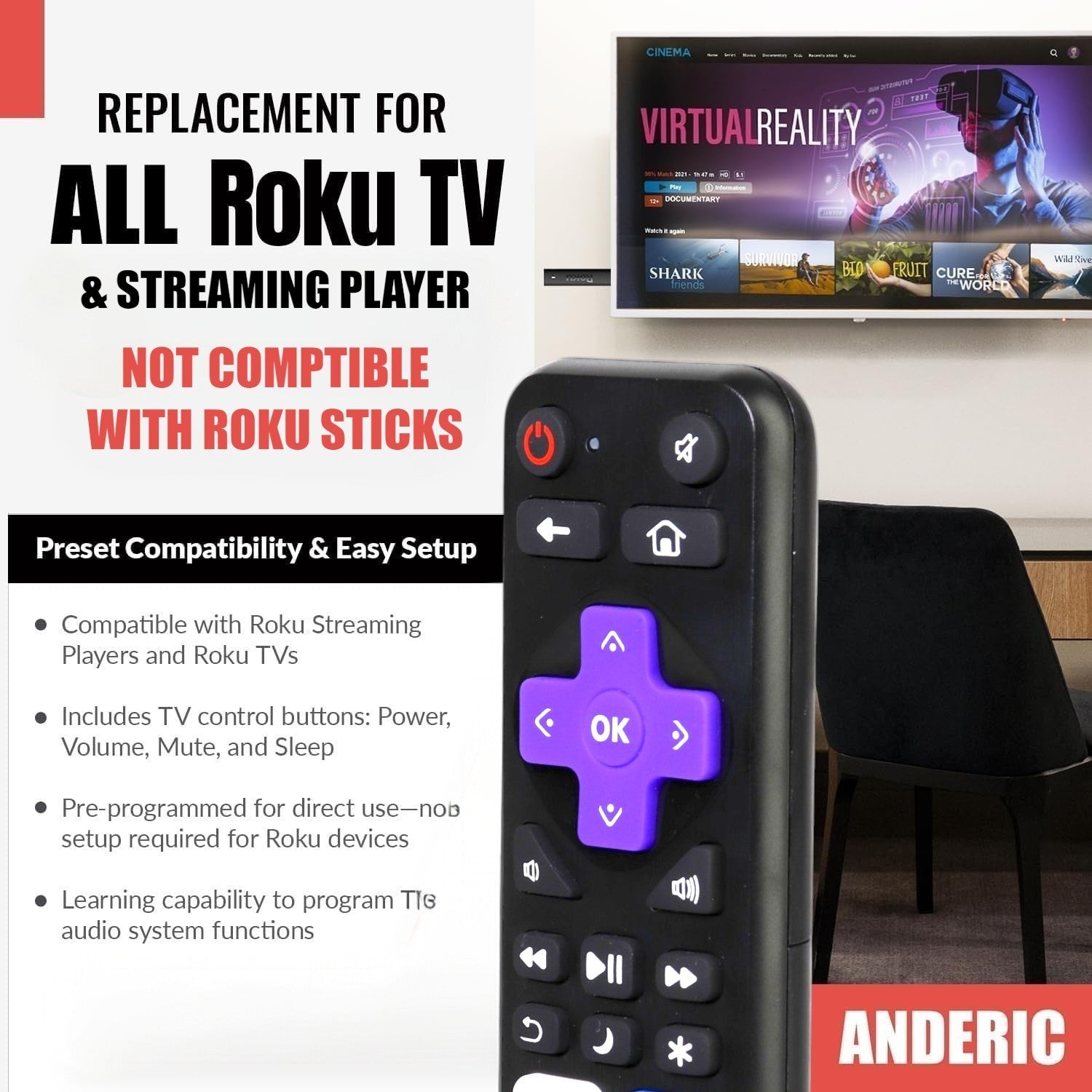 Anderic Substitute for Roku RC31 Streaming Remote Control [RRST01]