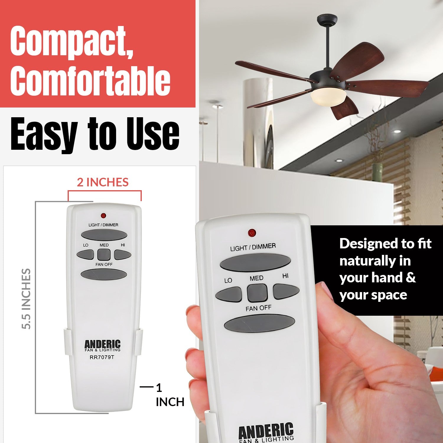 Anderic Substitute for Hampton Bay UC7078T FAN-HD CHQ7078T Ceiling Fan Remote Control - UC7078T [RR7079T]