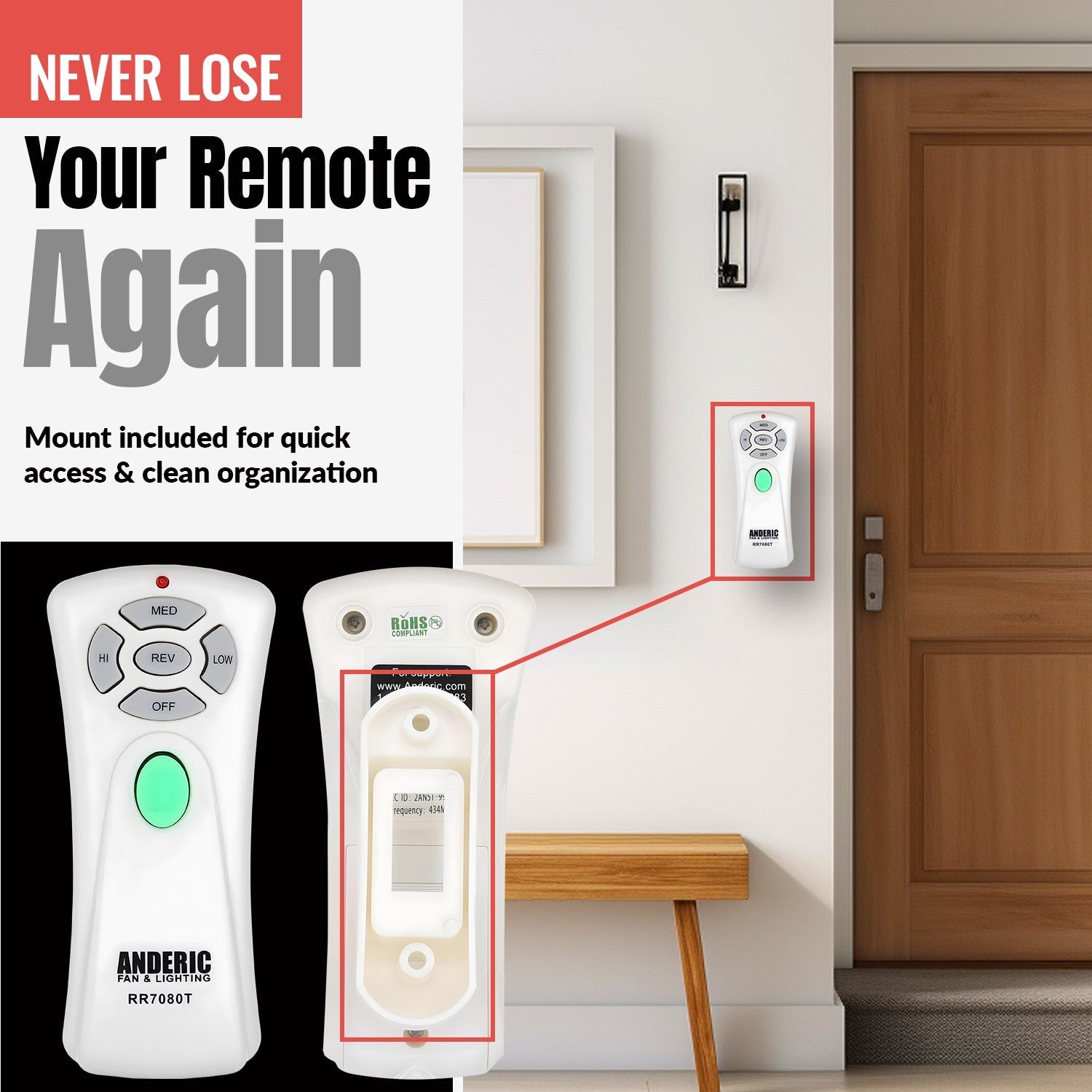 Anderic Substitute for Hampton Bay UC7080T CHQ7080T Ceiling Fan Remote Control [RR7080T]
