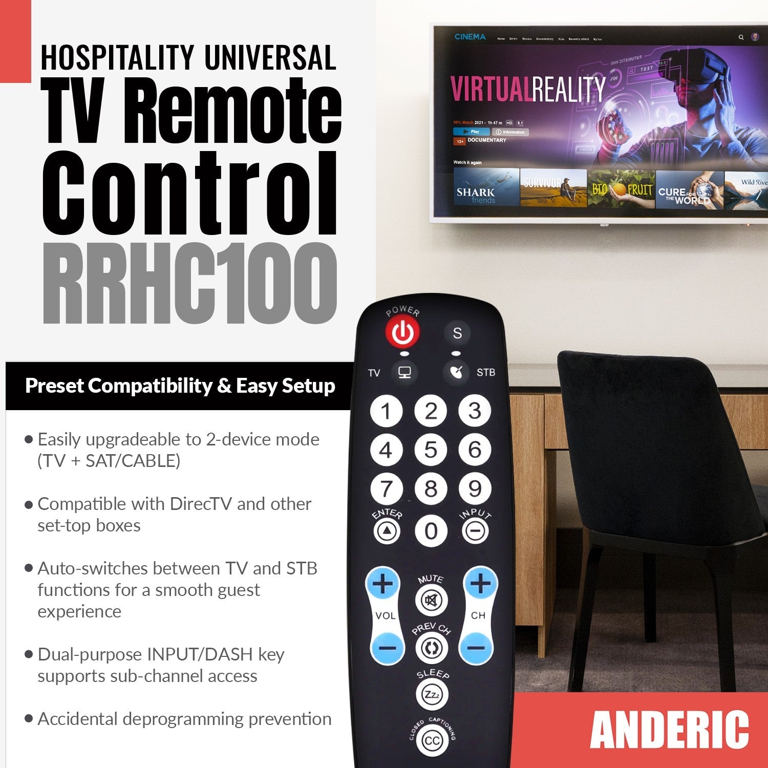 Anderic Substitute for RCA RCRHM02BR 2-Device Universal Remote Control [RRHC100]