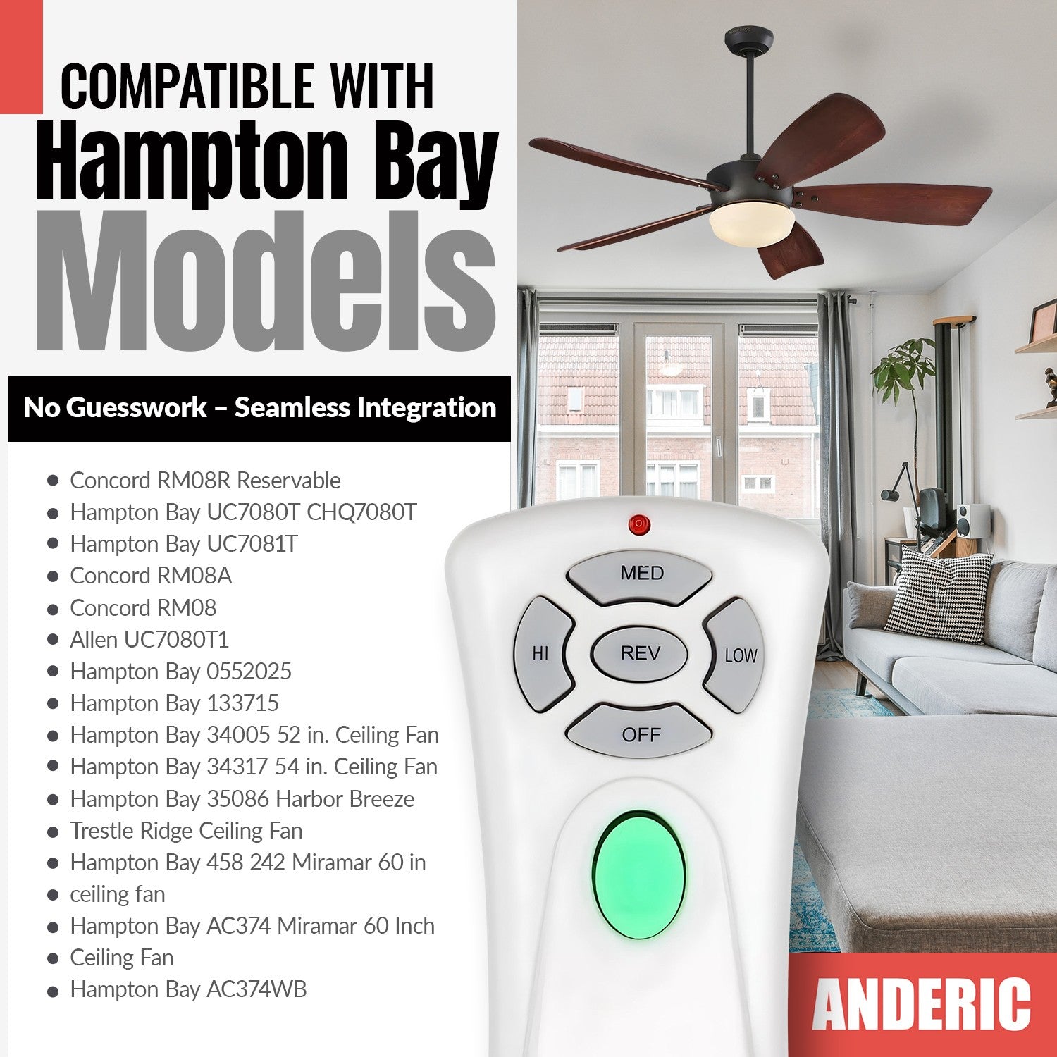 Anderic Substitute for Hampton Bay UC7080T CHQ7080T Ceiling Fan Remote Control [RR7080T]
