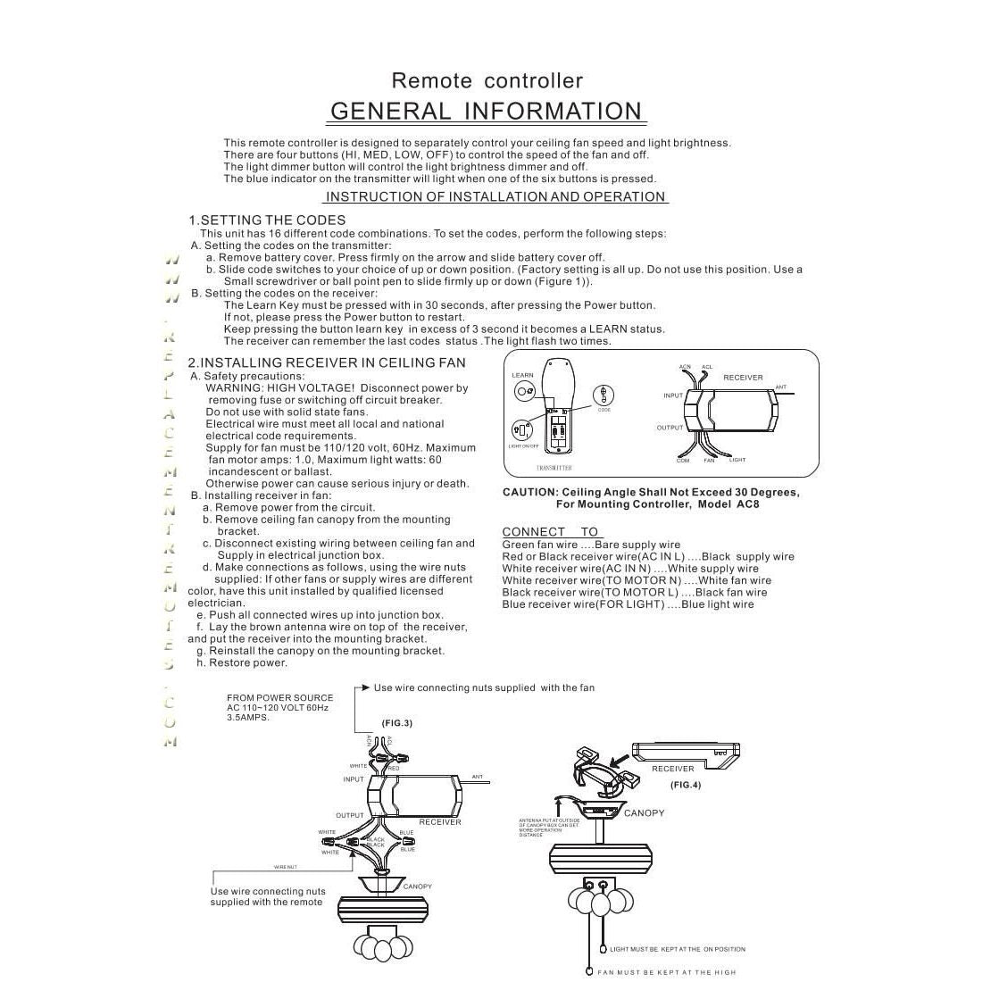 Dan's Originals FAN61T-3S Ceiling Fan Remote Control
