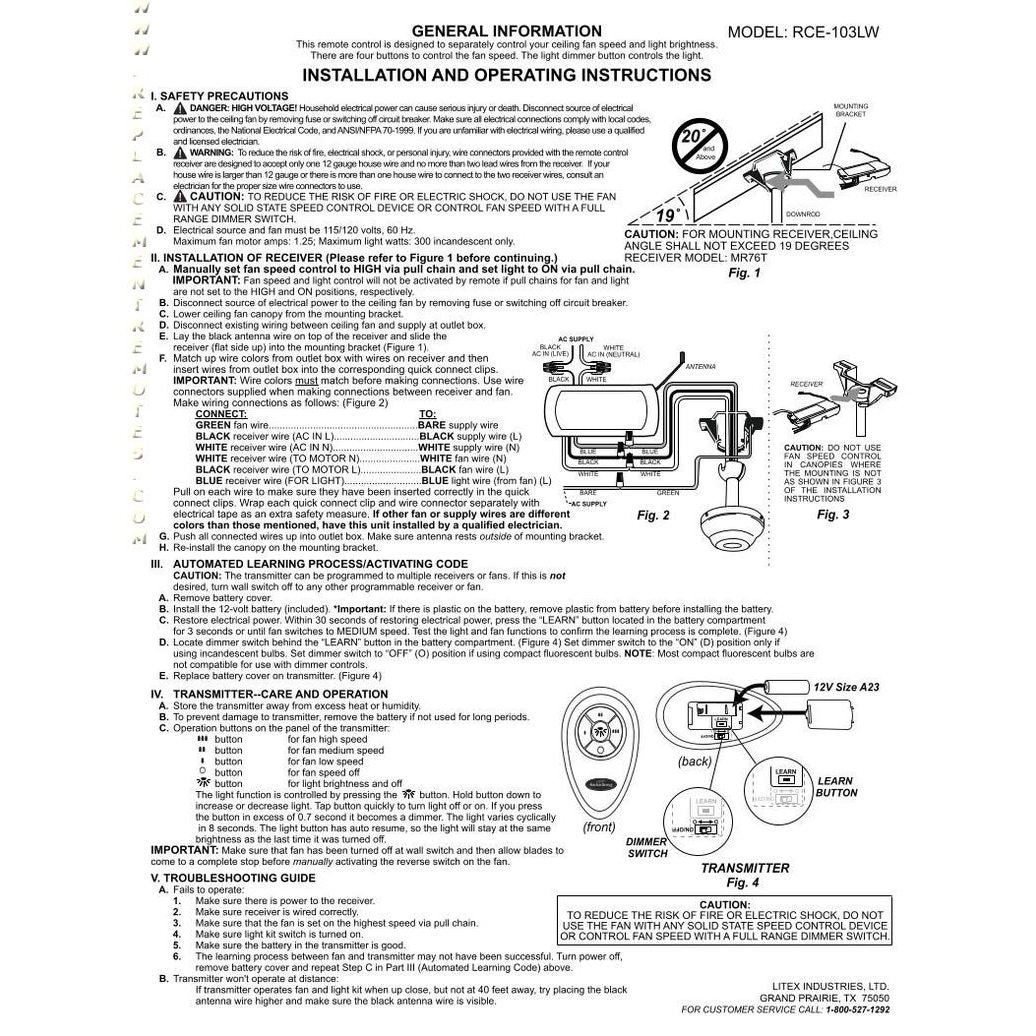 Anderic Substitute for Harbor Breeze RCE-103LW Ceiling Fan Remote Control [FAN35T-UC7067FMRX-KIT]
