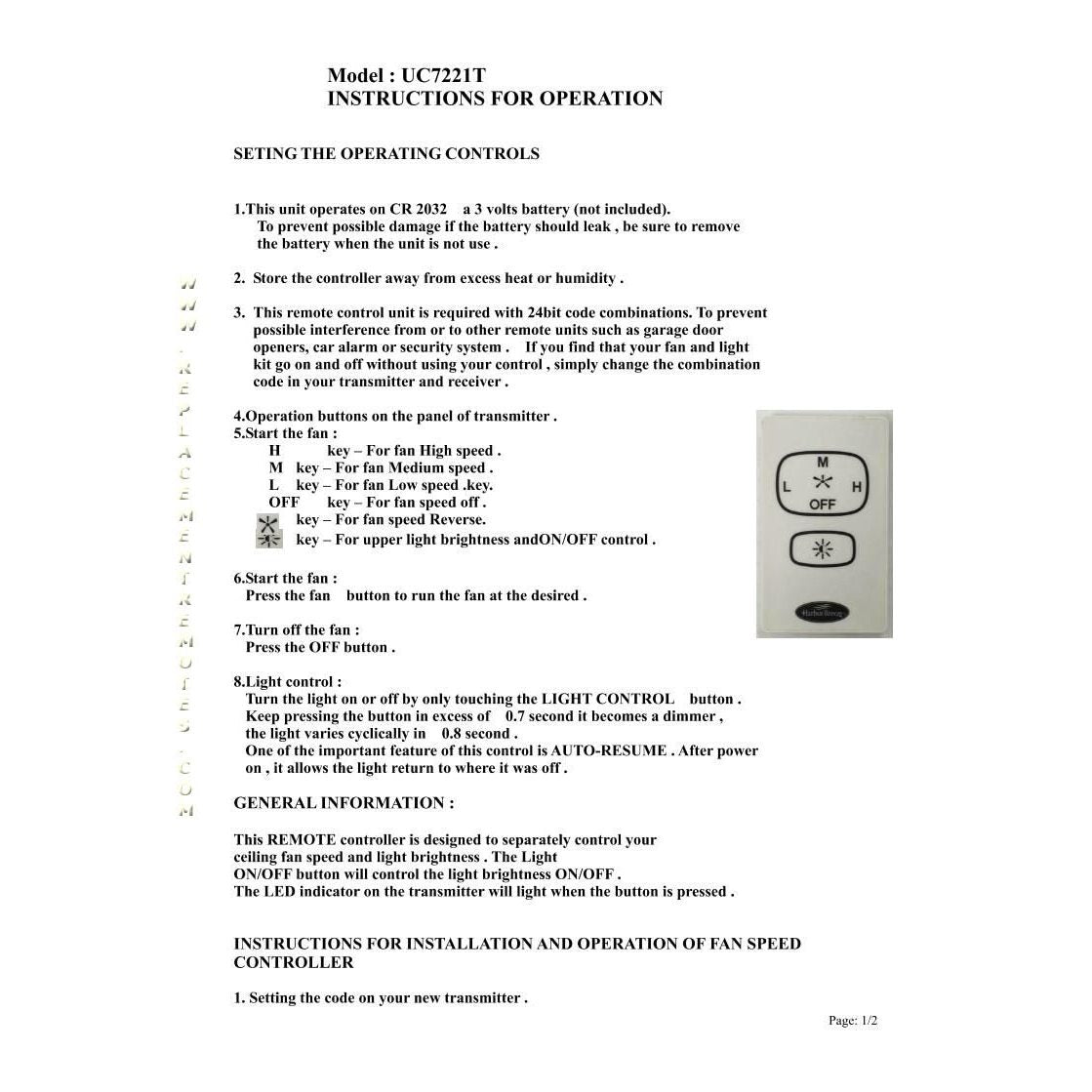 Anderic Substitute for Harbor Breeze UC7221T CHQ7221T Ceiling Fan Remote Control [RR7221T]