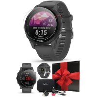 Garmin Forerunner 255 (Slate Gray) 2022 Gps Running Smartwatch Gift Box Bundle With Hd Screen Protectors, Carwall Adapters & Case Vo2 Max, Race Predictor, Body Battery, Heart Rate & Recovery